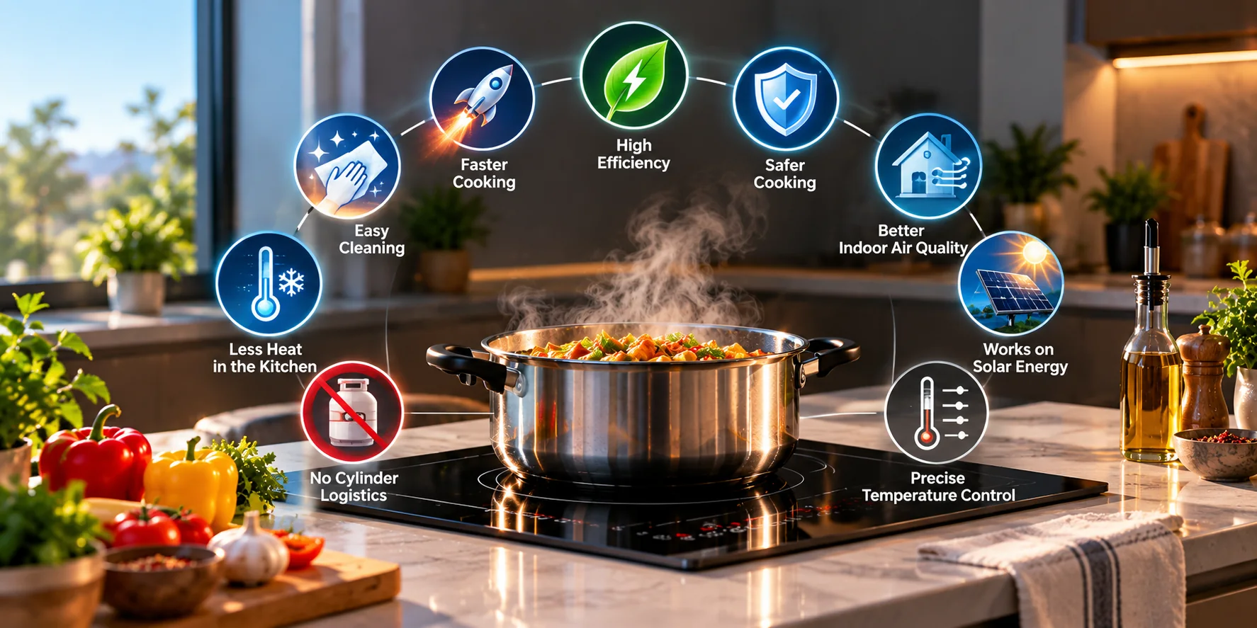 Infographic showing induction cooking benefits, including efficiency, speed, safety, solar use, easier cleaning, and precise temperature control