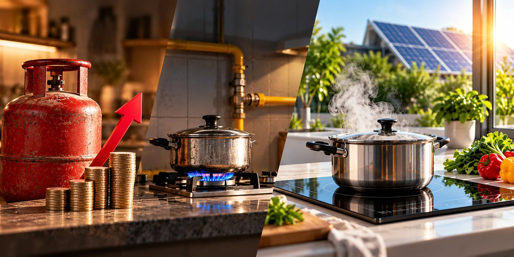 LPG cylinder and fuel costs compared with gas cooking and a solar-powered induction cooktop
