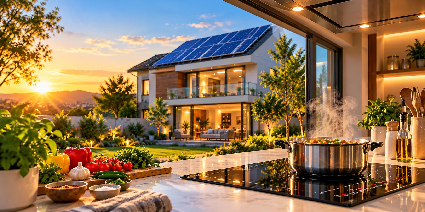 A home with rooftop solar panels and an induction cooktop in use at sunset